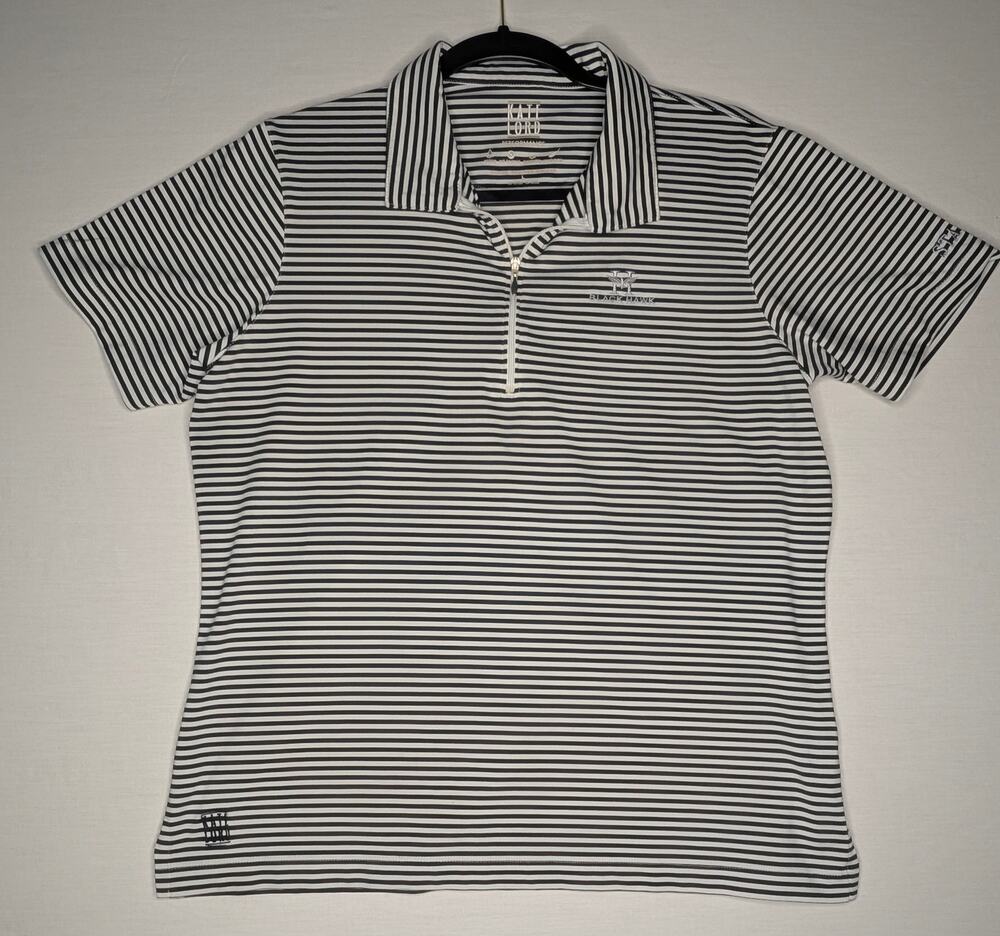 KATE LORD Womens Performance Golf Polo Shirt Large L Black White Stripe Staff